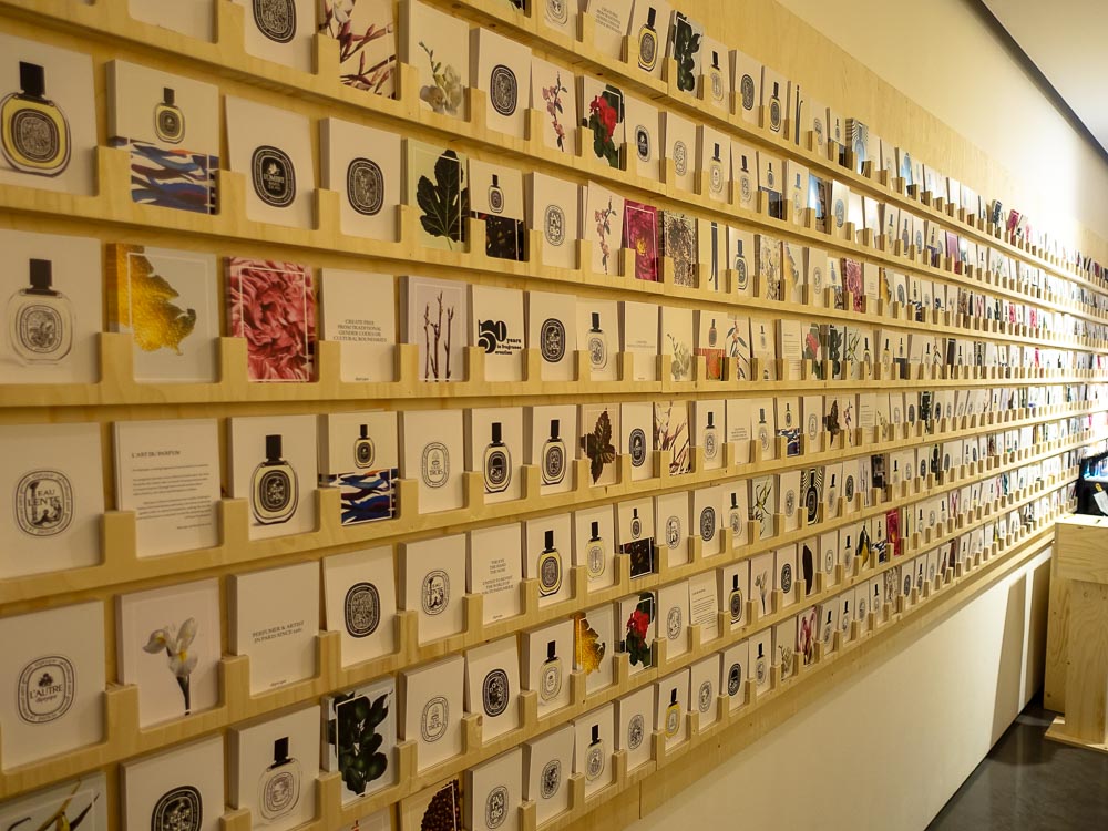 Wall of Postcards @ Diptyque pop-up store. The Scent Explorer